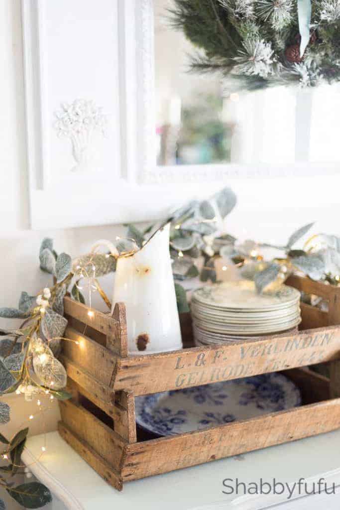 Vintage Wooden Crate with Garland and Fairy Lights — Rustic Christmas Decor