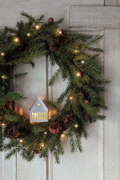 Rustic Pine Wreath with Fairy Lights and Ceramic House Rustic Pine Wreath with Fairy Lights and Ceramic House — Christmas Wreath