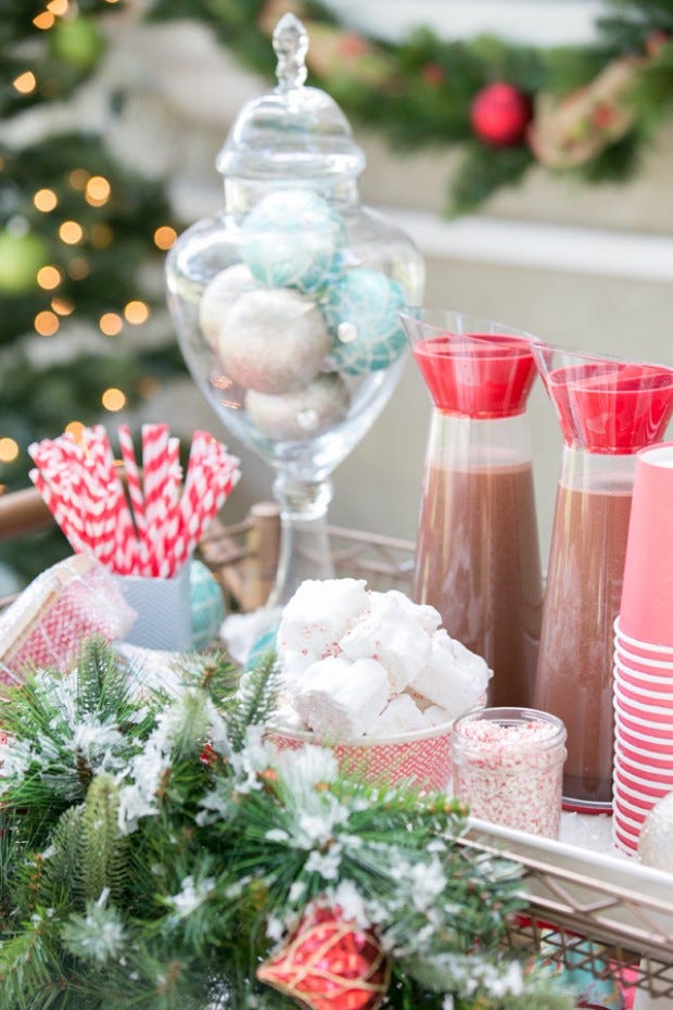 Hot Chocolate Bar with Ornament Jar and Festive Treats — Christmas Party Decor