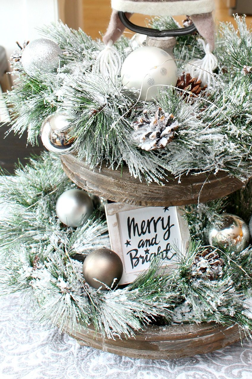Farmhouse Tiered Tray with Frosted Pine and 'Merry and Bright' — Christmas Tiered Tray