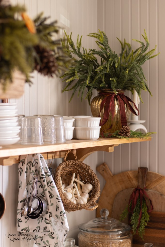 Decorated Wooden Kitchen Island with Mini Christmas Trees — Farmhouse Christmas Kitchen