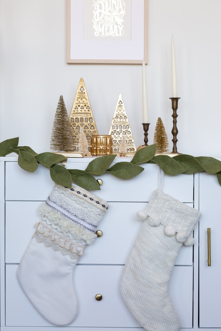 Ornate Stockings on a Christmas-Styled Dresser — Christmas Stockings Display