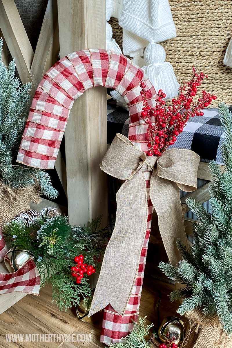 Farmhouse Candy Cane Wreath with Gingham Fabric — Candy Cane Christmas Decor