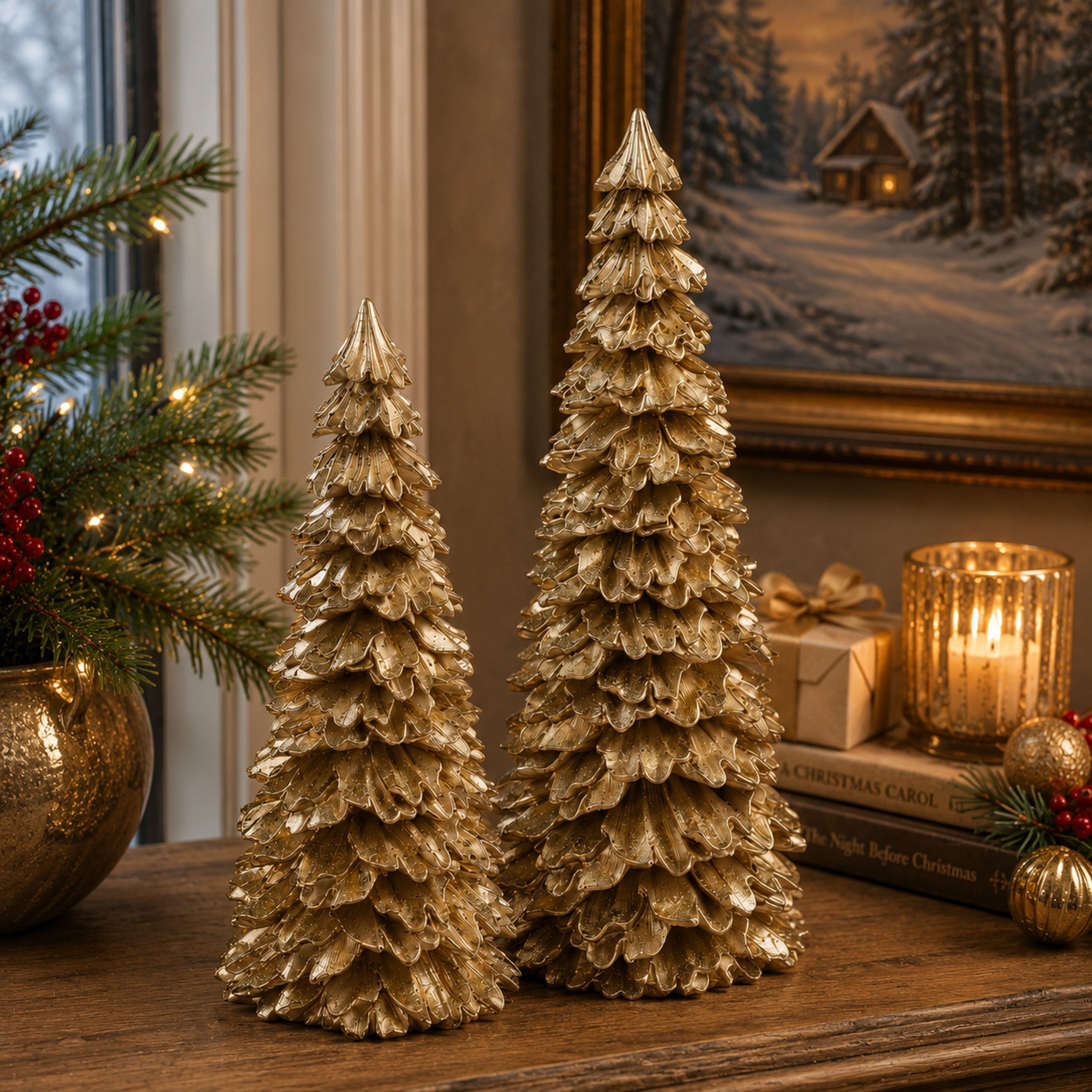 Traditional Shimmering Gold Trees with Pine Garland Traditional Shimmering Gold Trees with Pine Garland — Tabletop Christmas Tree Decor