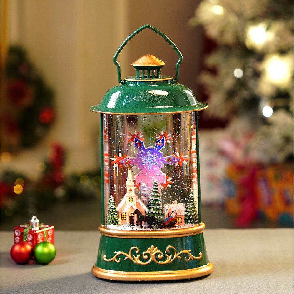 Green Snow Globe Lantern with Winter Scene — Christmas Lantern Lights