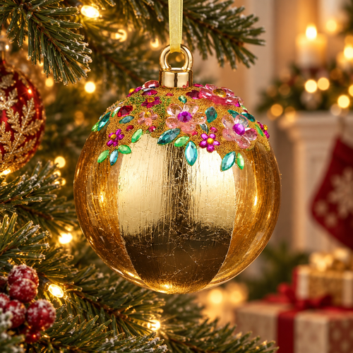 Highlight an ornate, jeweled gold Christmas ornament Highlight an ornate, jeweled gold Christmas ornament — Gold Christmas Decor