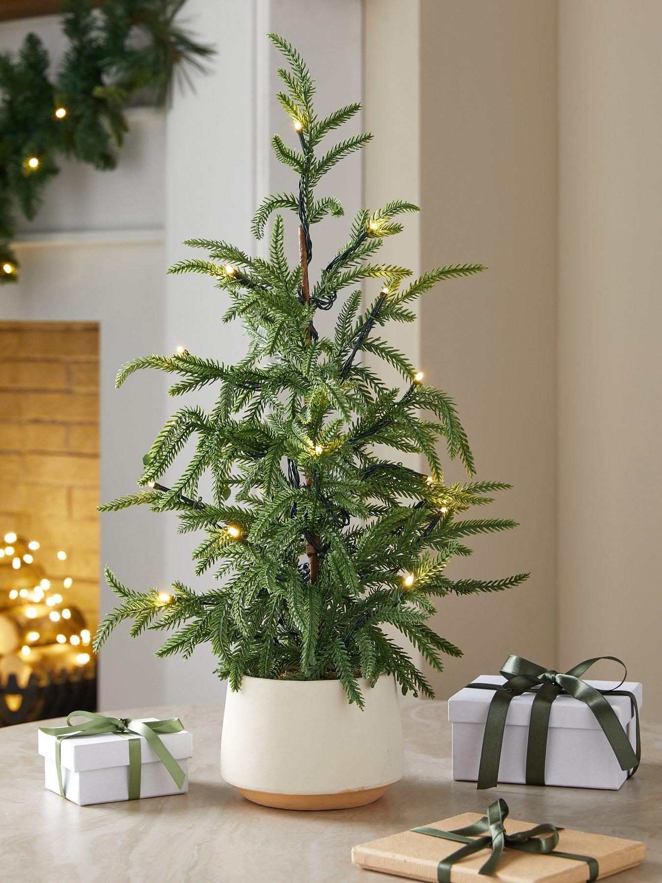 Minimalist Artificial Tree with Integrated Lights and White Pots — Small Christmas Tree Decor