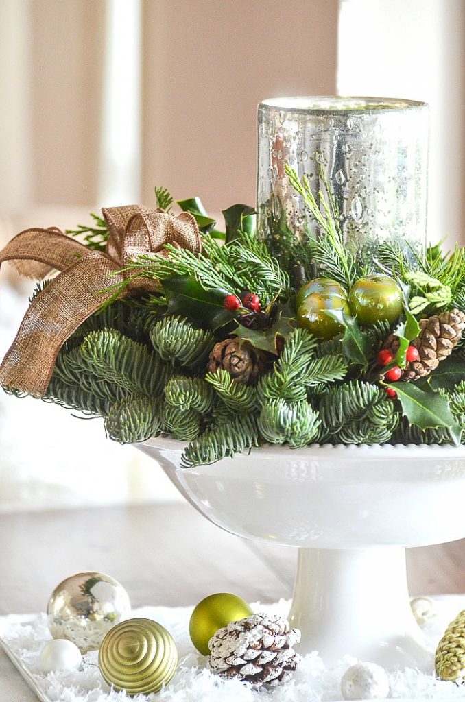 Traditional Greenery, Pinecone, and Candle Centerpiece Traditional Greenery, Pinecone, and Candle Centerpiece — Simple Christmas Centerpiece