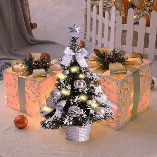 Festive Tabletop Display with Illuminated Gift Boxes and Mini Tree — Winter Decor After Christmas