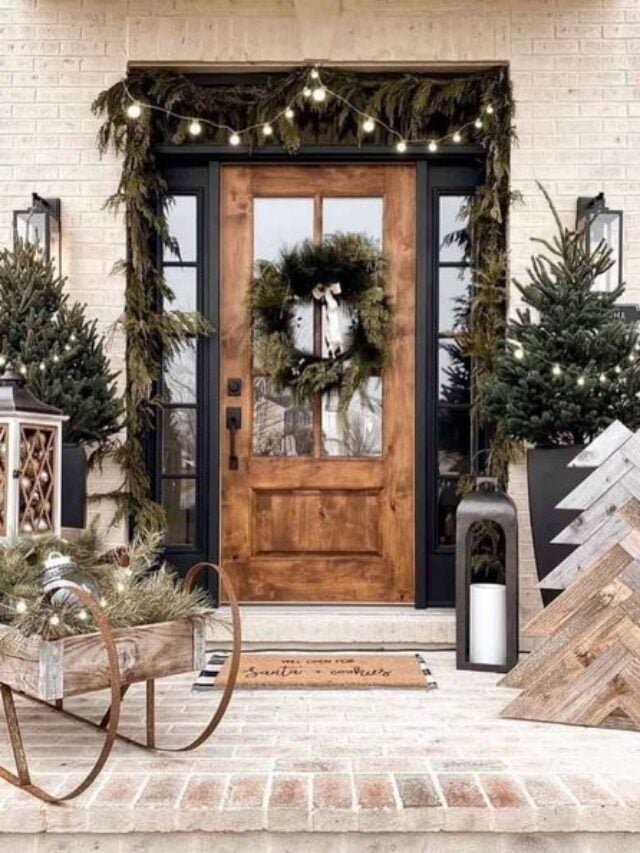 Farmhouse Porch Entrance with Wreath, Garland, and Sled — Christmas Porch Decor