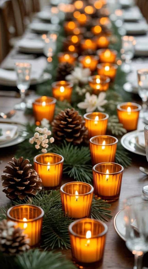Abundant Votive Candles on a Pine Garland Runner Abundant Votive Candles on a Pine Garland Runner — Christmas Wedding Centerpiece