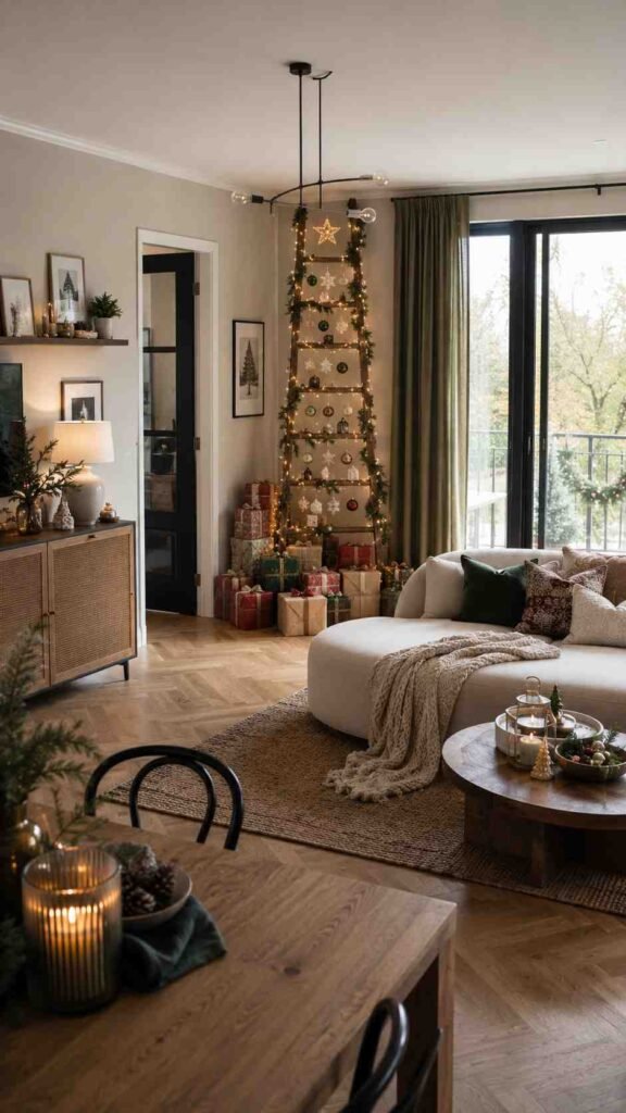 Modern Boho Living Room Ladder Christmas Tree Display — Cozy Christmas Decor