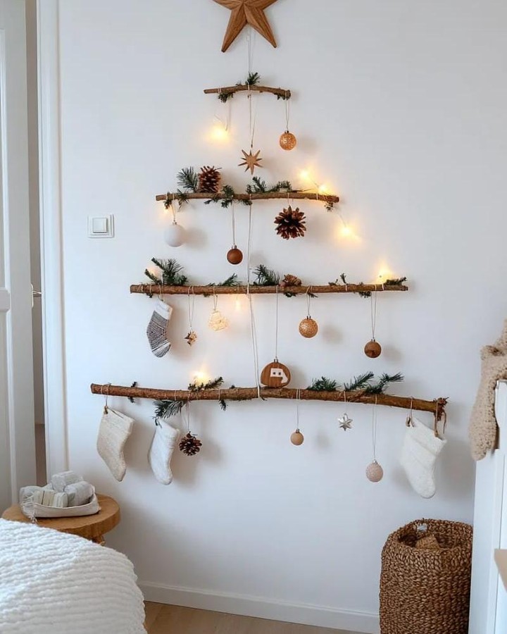 Boho Horizontal Branch Wall Tree with Pine Sprigs Boho Horizontal Branch Wall Tree with Pine Sprigs — Wall Christmas Tree
