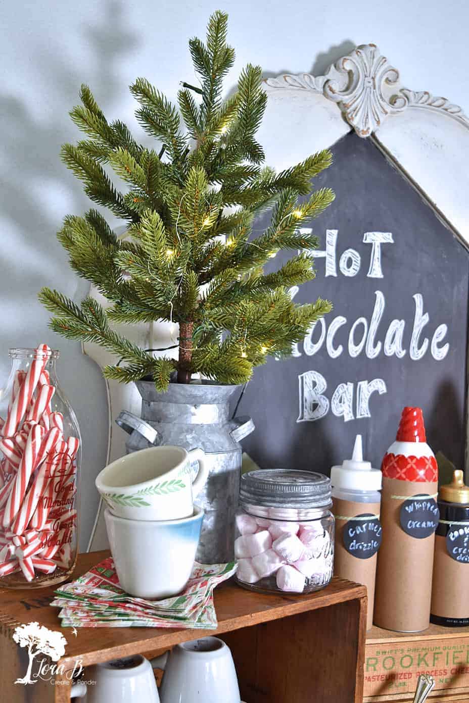 Vintage Farmhouse Hot Cocoa Bar Shelf Vignette Vintage Farmhouse Hot Cocoa Bar Shelf Vignette — Christmas Hot Cocoa Bar