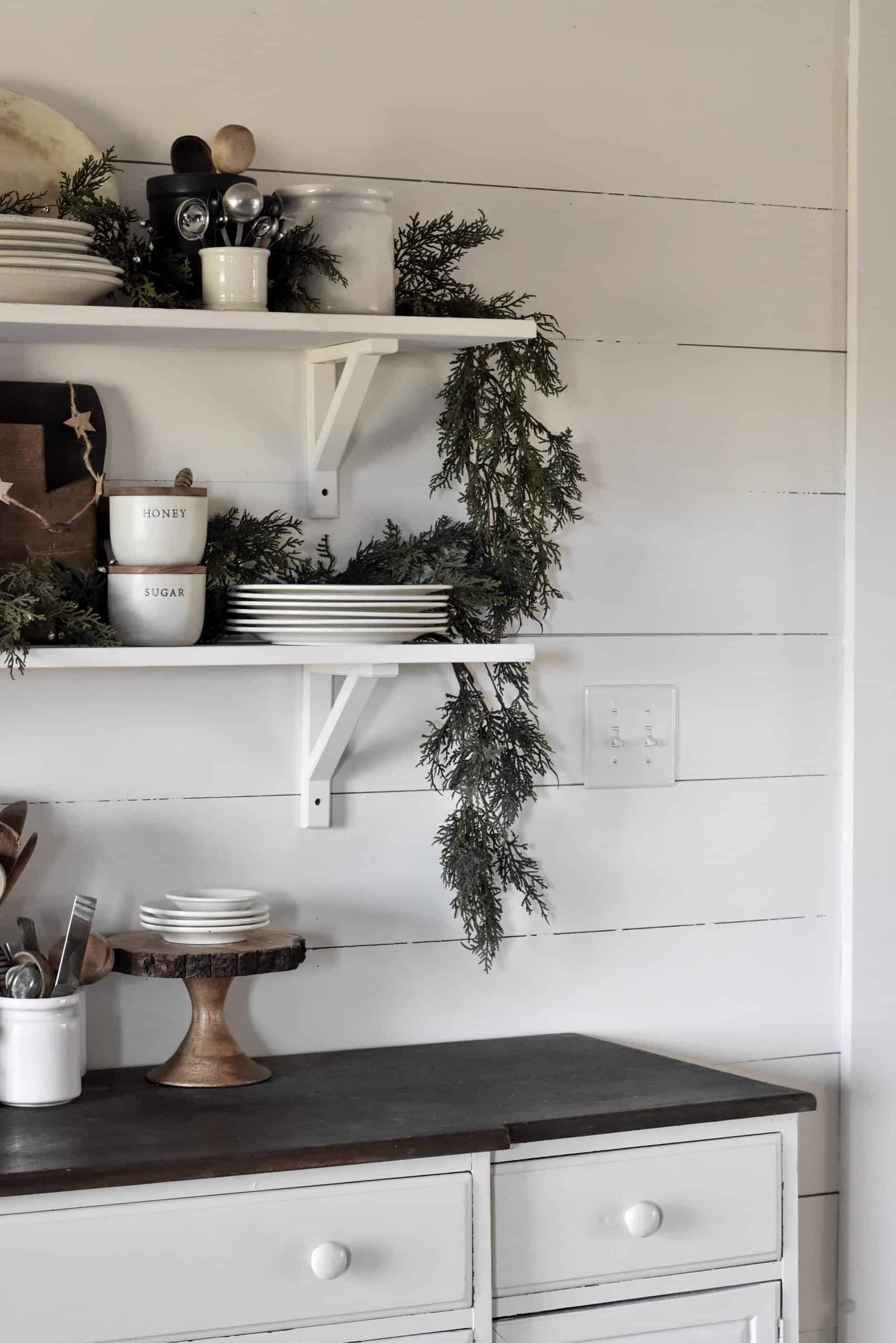Farmhouse Kitchen Shelf with Greenery Garland — Christmas Shelf Decor