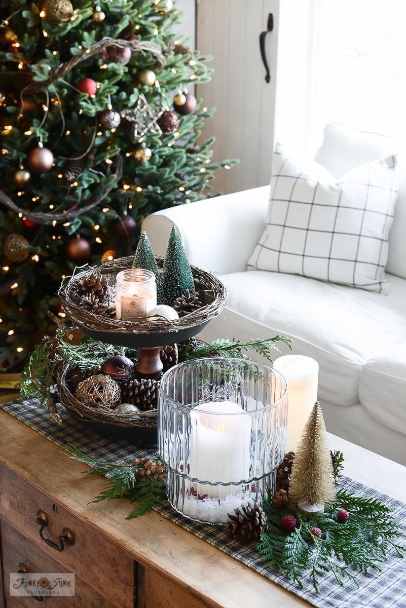 Tiered Tray with Mini Trees and Plaid Runner — Rustic Christmas Decor