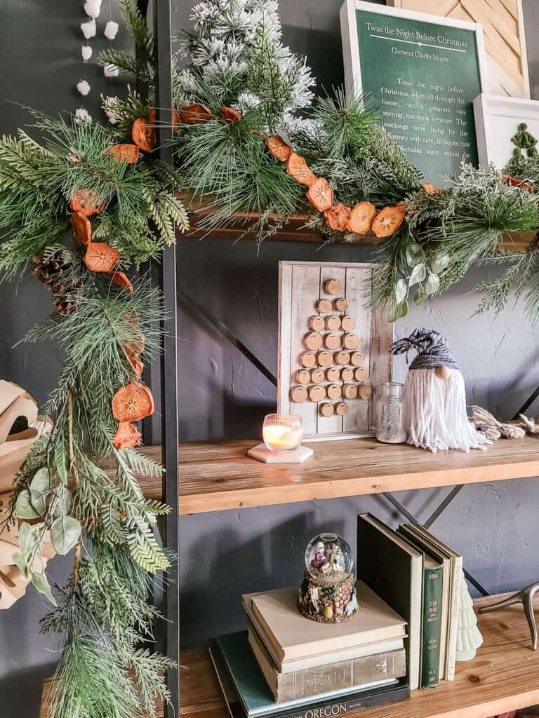 Rustic Shelf Decor with Dried Orange Garland — DIY Christmas Decor