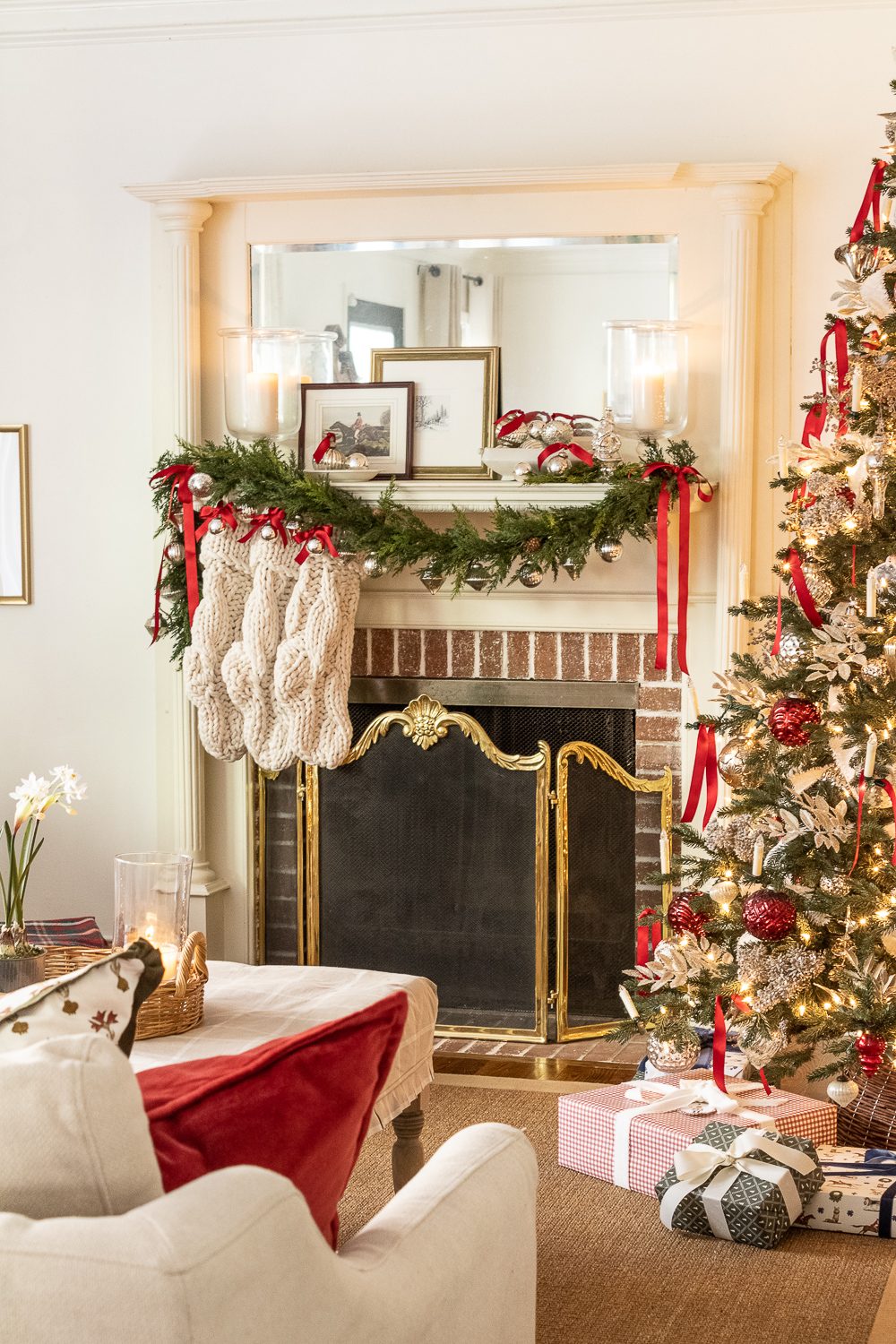 Ornate Fireplace Screen and Chunky Knit Stockings Ornate Fireplace Screen and Chunky Knit Stockings — Cozy Christmas Living Room
