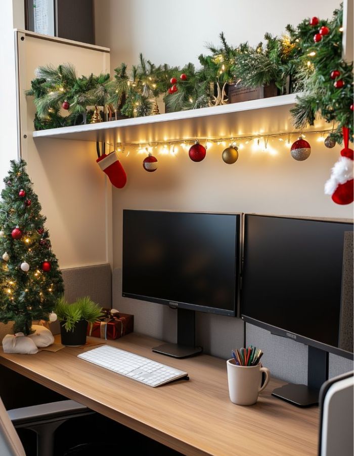 Festive Garland and Lights Above Dual Monitors Festive Garland and Lights Above Dual Monitors — Christmas Office Decor Ideas