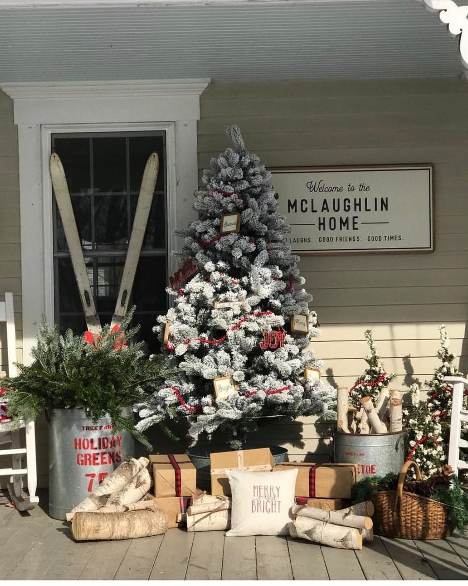 Outdoor Farmhouse Christmas Tree with Skis and Buckets