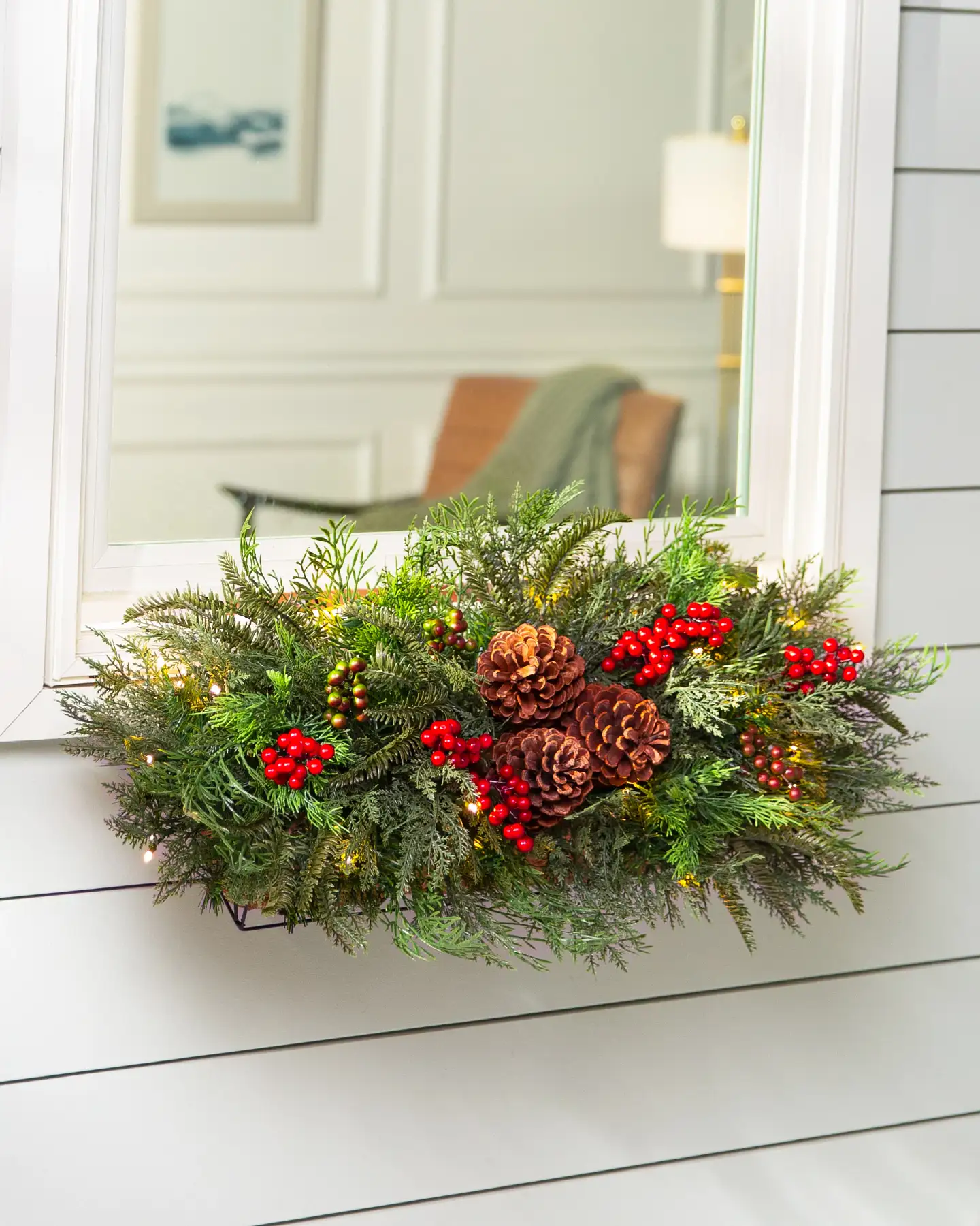 Window Box with Evergreen, Pinecones, Red Berries, and Warm White Lights — Christmas Window Decor Outdoor