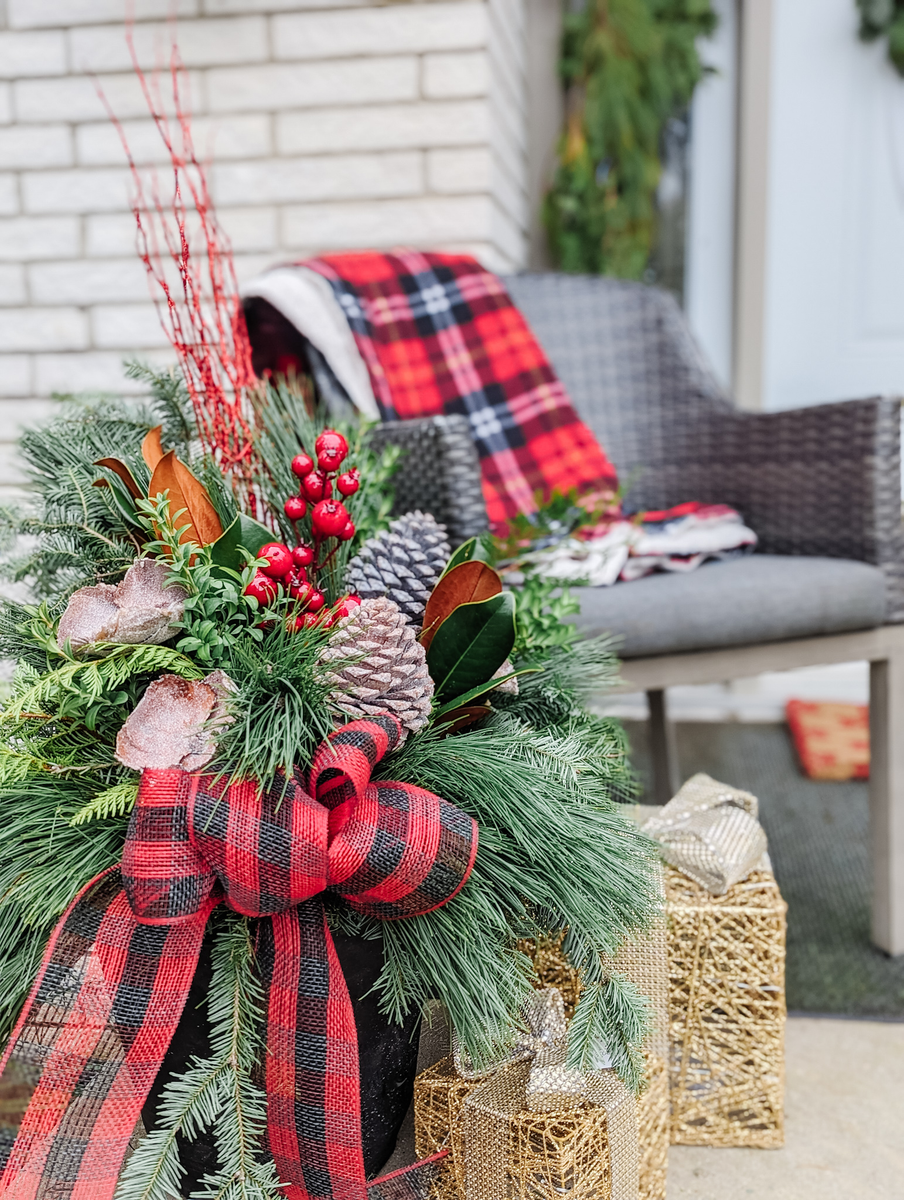 Christmas Planter with Pinecones and Buffalo Check Bow Christmas Planter with Pinecones and Buffalo Check Bow — Christmas Porch Planters