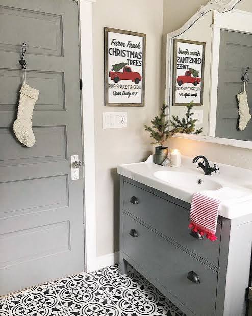 Farmhouse Christmas Sign Above Grey Vanity — Christmas Bathroom Decor