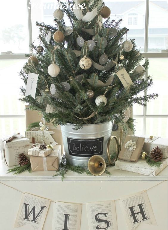 Rustic Metal Bucket Tree with Chalkboard Accent Rustic Metal Bucket Tree with Chalkboard Accent — Tabletop Christmas Tree Decor
