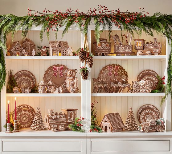 Hutch Display of Gingerbread Village Pieces — Gingerbread Christmas Decor