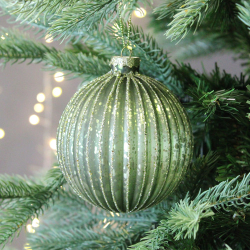 Modern Sage Green Ridged Glass Bauble — Sage Green Christmas Decor