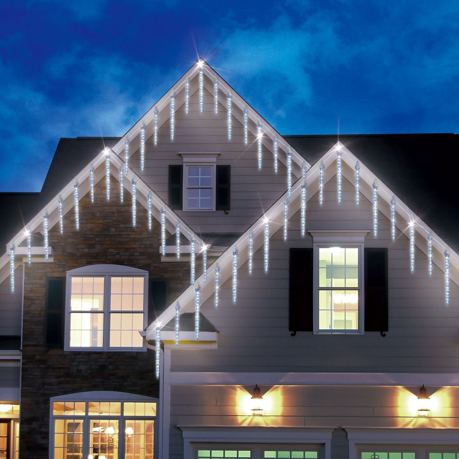 White LED Icicle Lights on Roof Peaks and Eaves — Icicle Christmas Lights