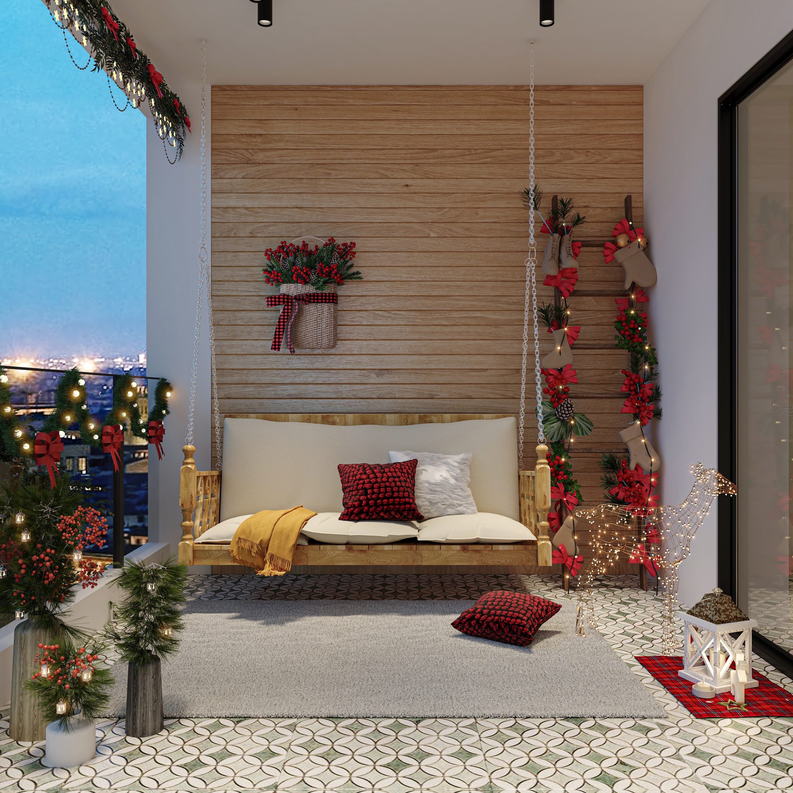 Contemporary Balcony with Festive String Lights Contemporary Balcony with Festive String Lights — Christmas Balcony Decor