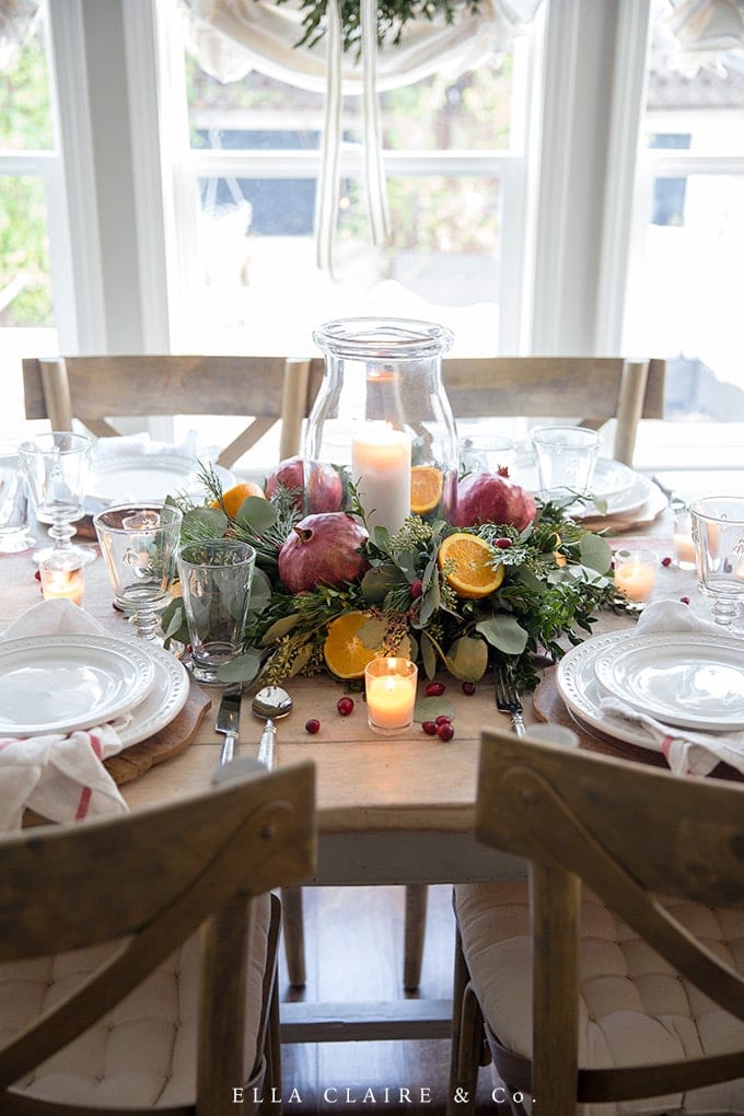 Farmhouse Dining Table with Fruit and Greenery — Christmas Centerpiece