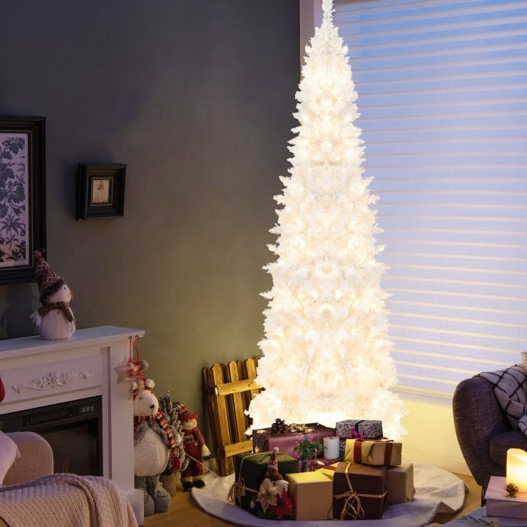 Pre-Lit White Pencil Christmas Tree with Red and Green Ornaments Pre-Lit White Pencil Christmas Tree with Red and Green Ornaments — White Christmas Tree Decor