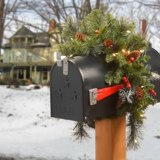 Black Mailbox with Natural Garland and Warm String Lights — Christmas Mailbox Decor