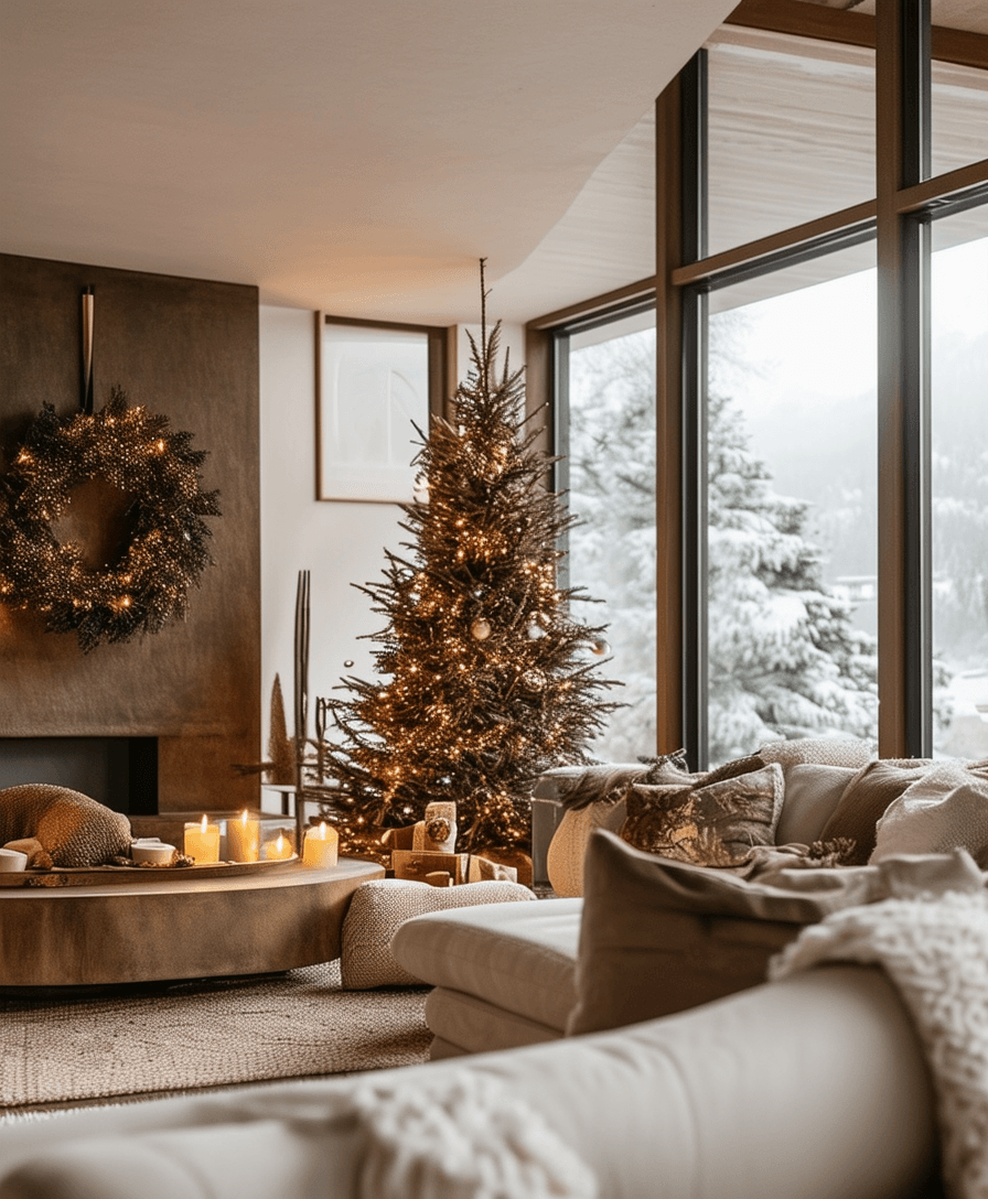Modern Living Room with Expansive Window View and Christmas Tree — Modern Christmas Decor