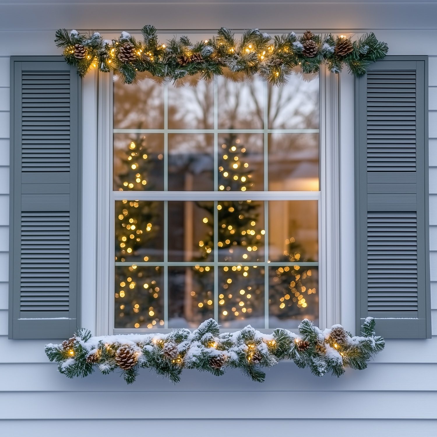 Festive Window Garland with Pinecones and Lights Festive Window Garland with Pinecones and Lights — Christmas Light Display Ideas