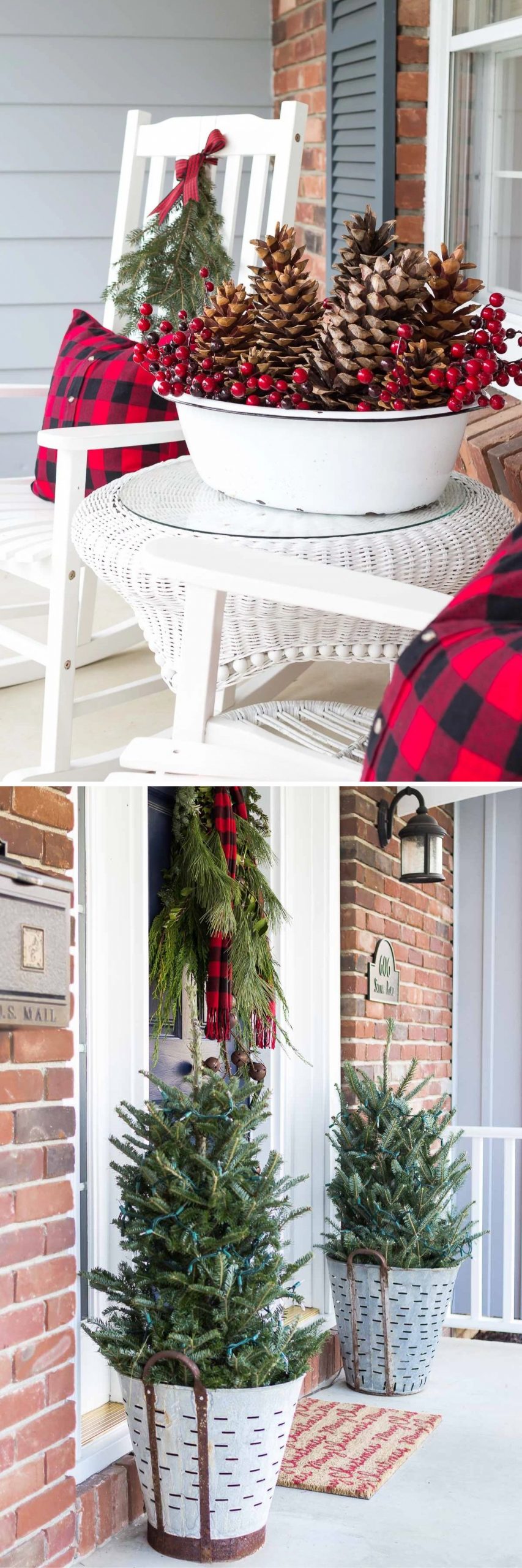 Farmhouse Porch with Berry Bowl and Potted Christmas Trees Farmhouse Porch with Berry Bowl and Potted Christmas Trees — Farmhouse Christmas Decor