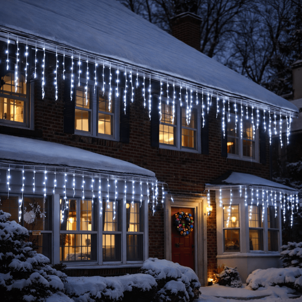 Bright White Icicle Lights on Brick House Rooflines — Icicle Christmas Lights