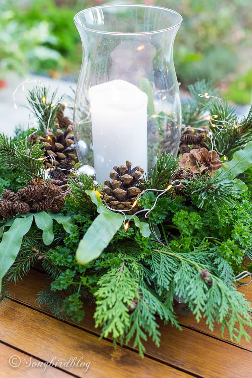 Rustic Outdoor Table with Fairy Lights and Candle — Christmas Centerpiece