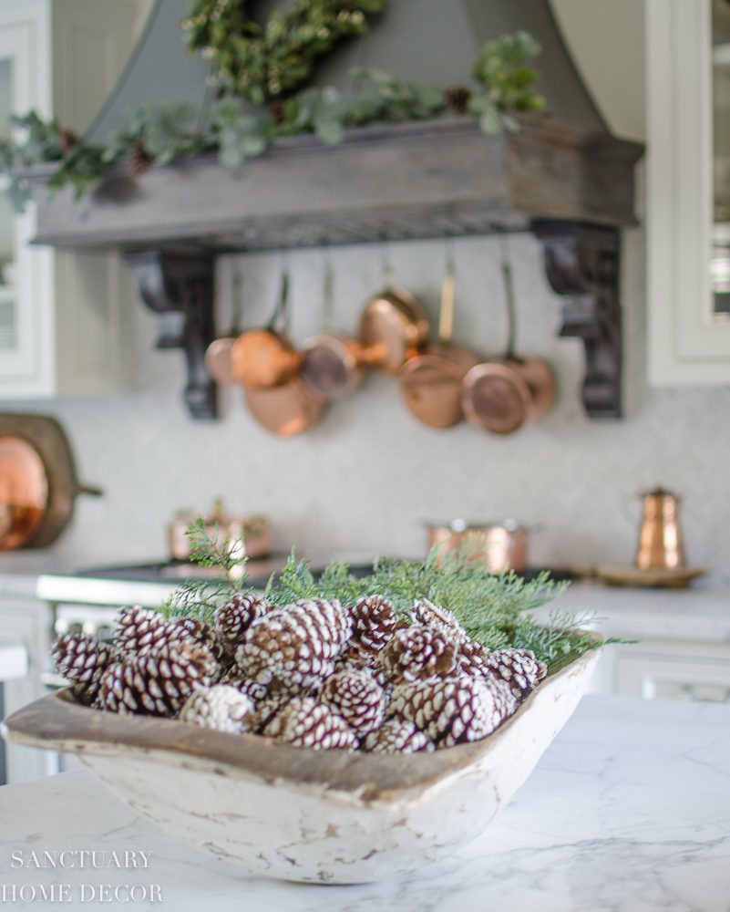 Rustic Wooden Bowl Overflowing with Christmas Pinecones — Farmhouse Christmas Kitchen