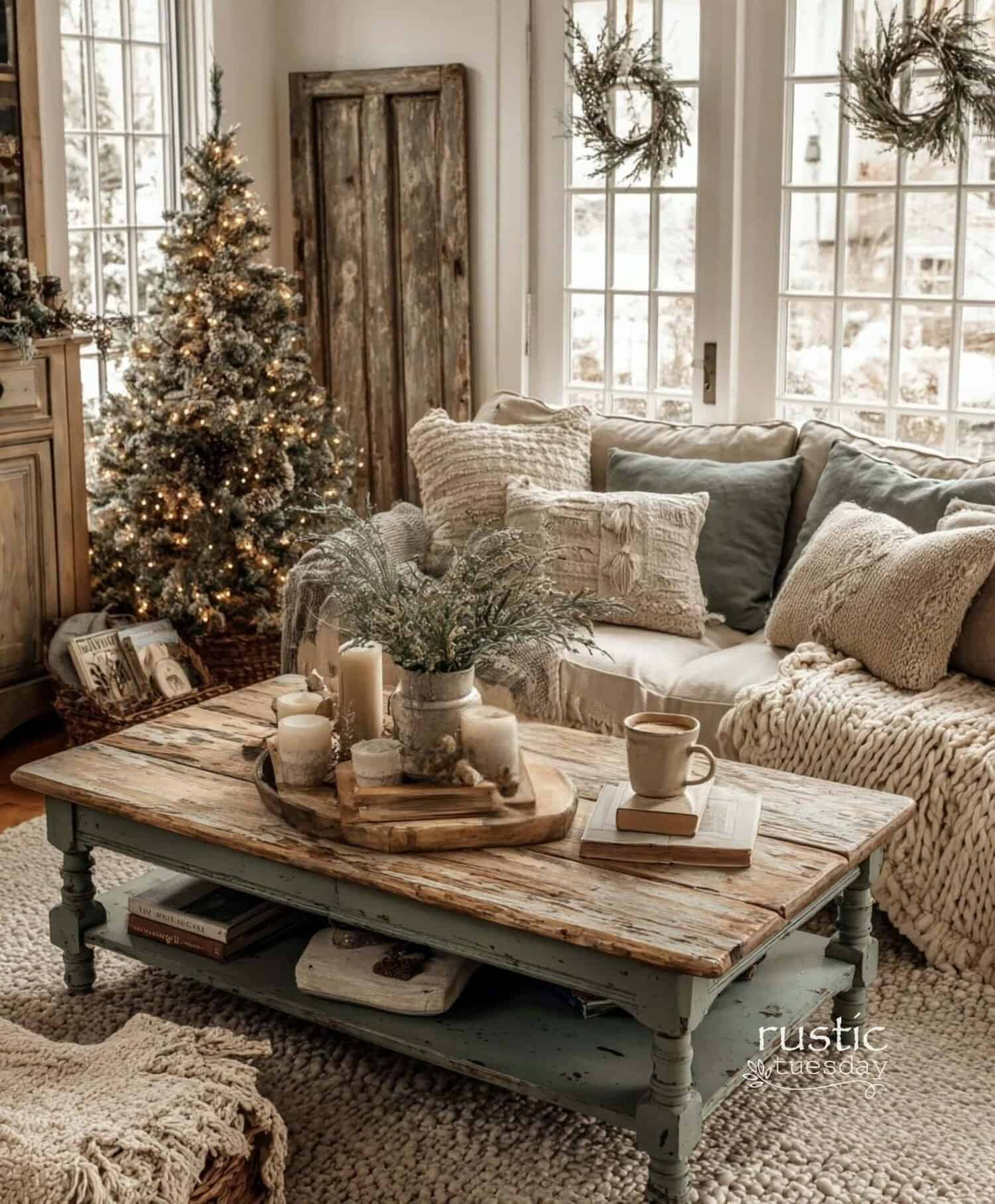 Farmhouse Living Room with Flocked Tree and Knit Blankets Farmhouse Living Room with Flocked Tree and Knit Blankets — Simple Christmas Decor