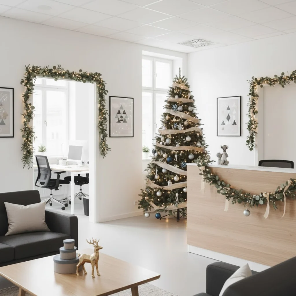 Large Elegantly Decorated Christmas Tree in Reception Large Elegantly Decorated Christmas Tree in Reception — Christmas Office Decor Ideas