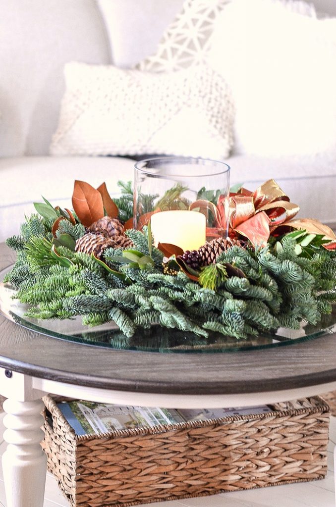 Modern Farmhouse Wreath and Candle Centerpiece on Mirrored Tray Modern Farmhouse Wreath and Candle Centerpiece on Mirrored Tray — Simple Christmas Centerpiece