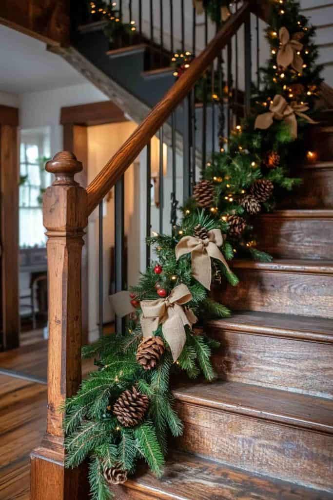 Rustic Garland with Large Pinecones and Burlap Rustic Garland with Large Pinecones and Burlap — Christmas Stair Garland
