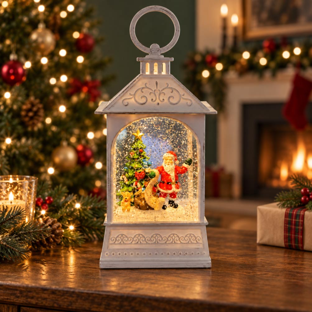 White Snow Globe Lantern with Santa and Fireplace — Christmas Lantern Lights