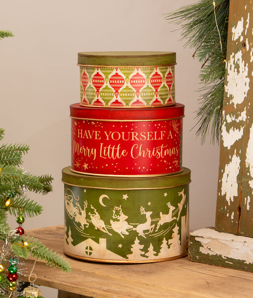 Stacked Vintage Christmas Tins for Nostalgic Display — Vintage Christmas Decor