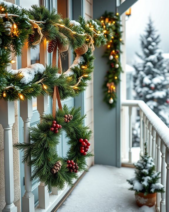 Rustic Balcony with Large Wreaths and Garland Rustic Balcony with Large Wreaths and Garland — Christmas Balcony Decor