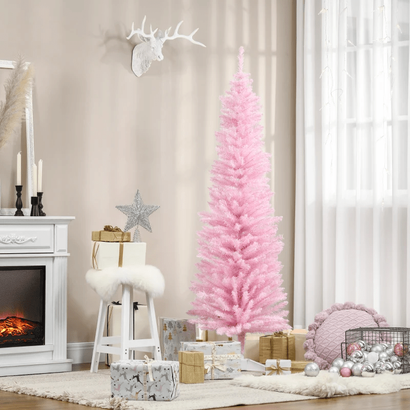 Modern Living Room with a Tall, Slim Pink Christmas Tree and Decorative Pillow Modern Living Room with a Tall, Slim Pink Christmas Tree and Decorative Pillow — Pink Christmas Decor
