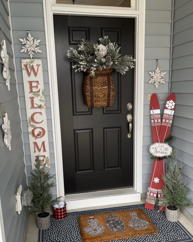 Farmhouse Door with Red Skis and Basket Wreath Farmhouse Door with Red Skis and Basket Wreath — Small Christmas Porch